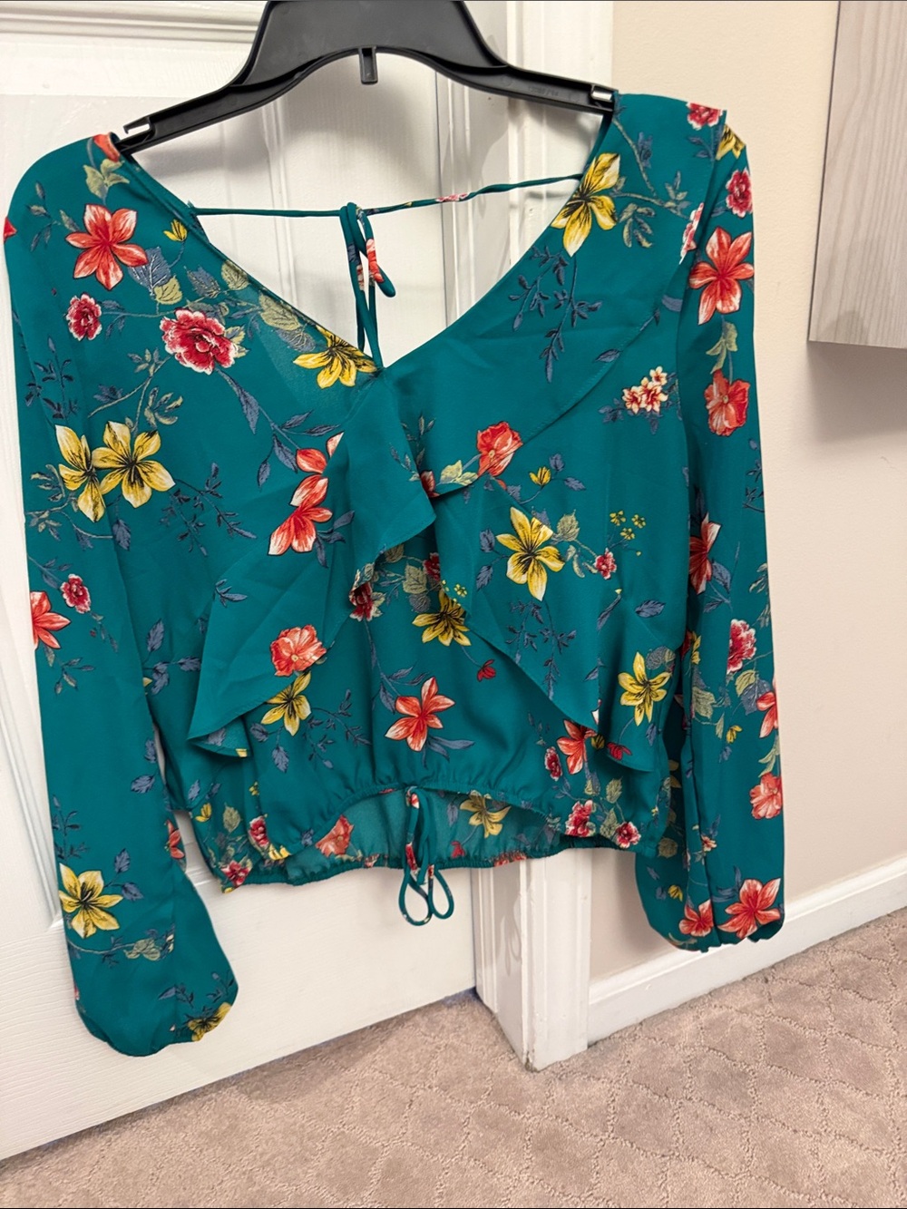 Timing Teal Floral V-Neck Ruffle Drawstring Blouse